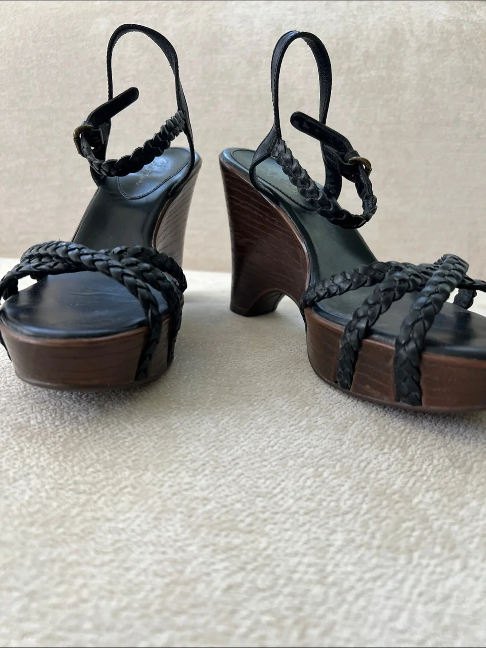 Cole Haan Black Braided Leather Wedge Sandals with Brown Wood-Effect Platform
